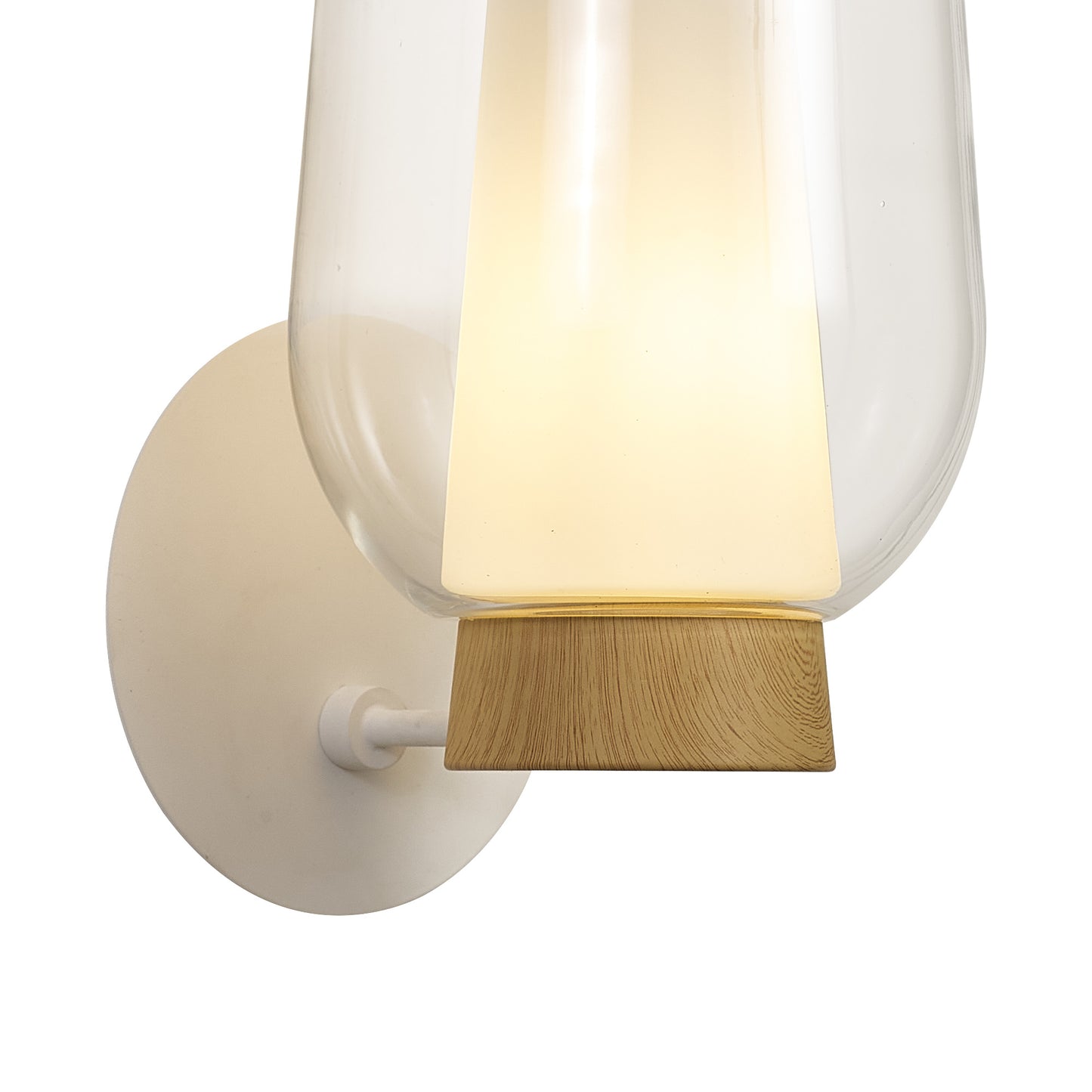 Nora Wall Lamp, 1 Light E27, White/Wood/Clear Glass With Frosted Inner by Mantra