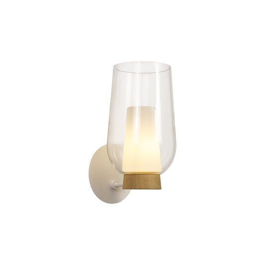 Nora Wall Lamp, 1 Light E27, White/Wood/Clear Glass With Frosted Inner by Mantra