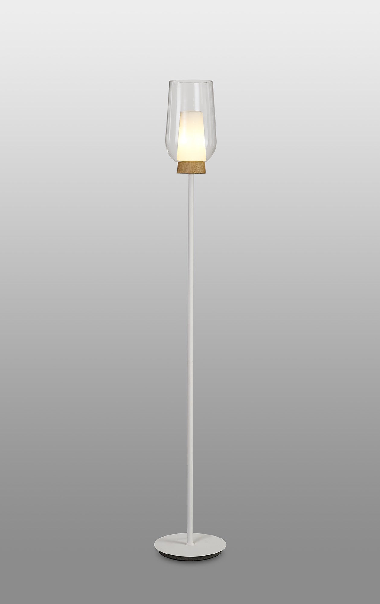 Nora Floor Lamp, 1 Light E27, White/Wood/Clear Glass With Frosted Inner by Mantra