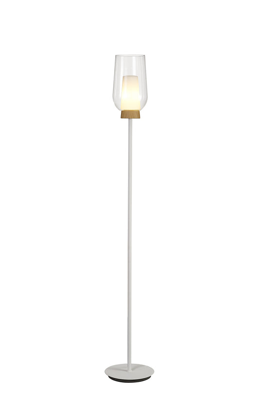 Nora Floor Lamp, 1 Light E27, White/Wood/Clear Glass With Frosted Inner by Mantra