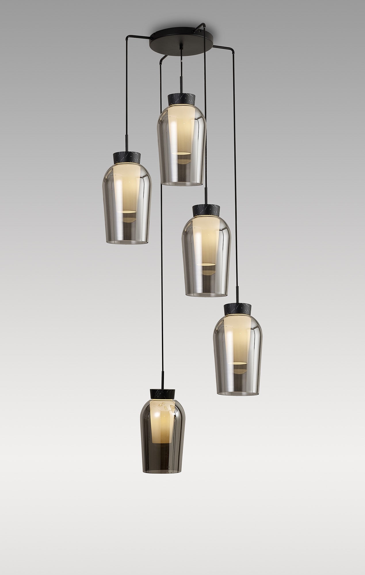 Nora Round Pendant, 5 Light Adjustable E27, Black/Black Marble/Chrome Glass With Frosted Inner by Mantra