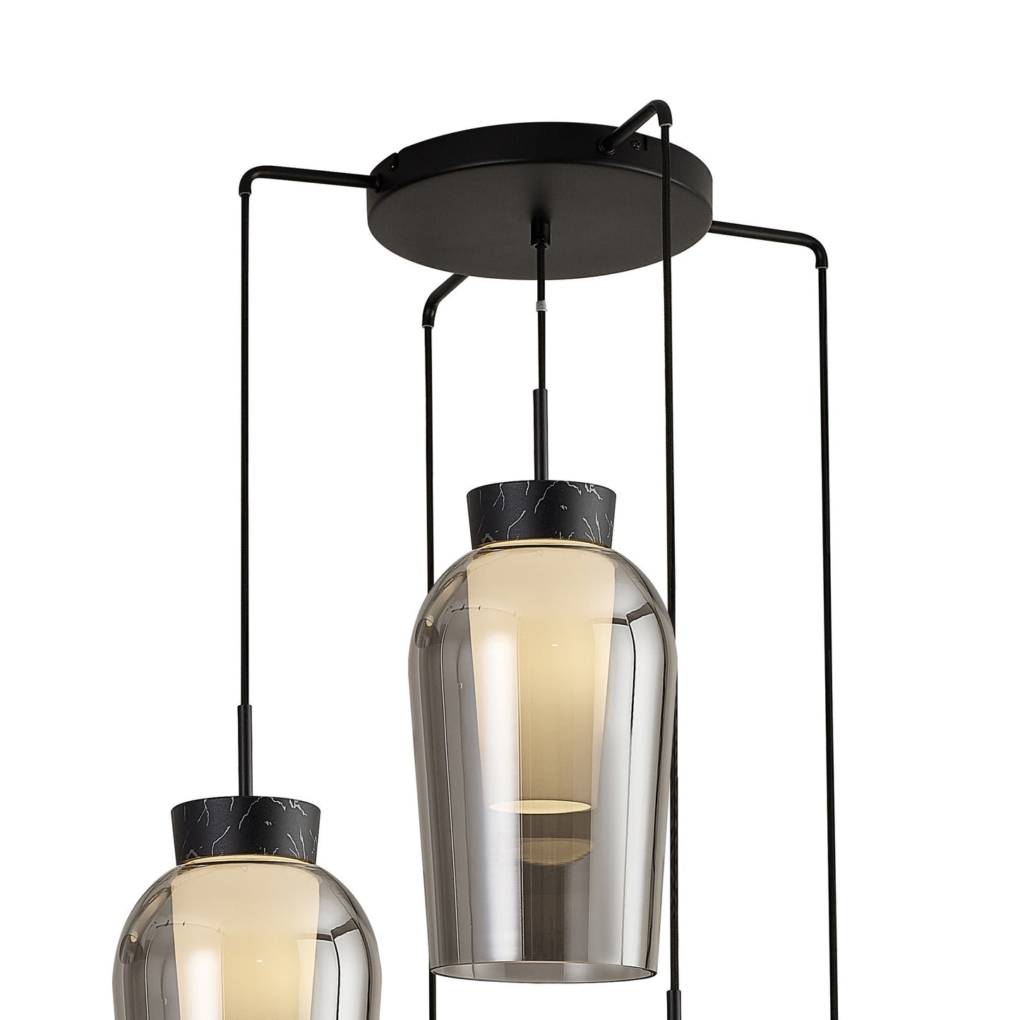 Nora Round Pendant, 5 Light Adjustable E27, Black/Black Marble/Chrome Glass With Frosted Inner by Mantra