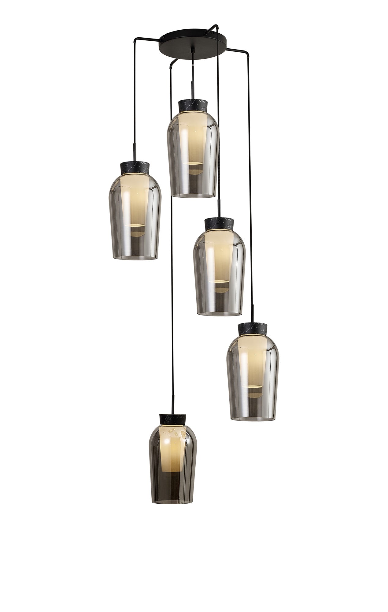 Nora Round Pendant, 5 Light Adjustable E27, Black/Black Marble/Chrome Glass With Frosted Inner by Mantra