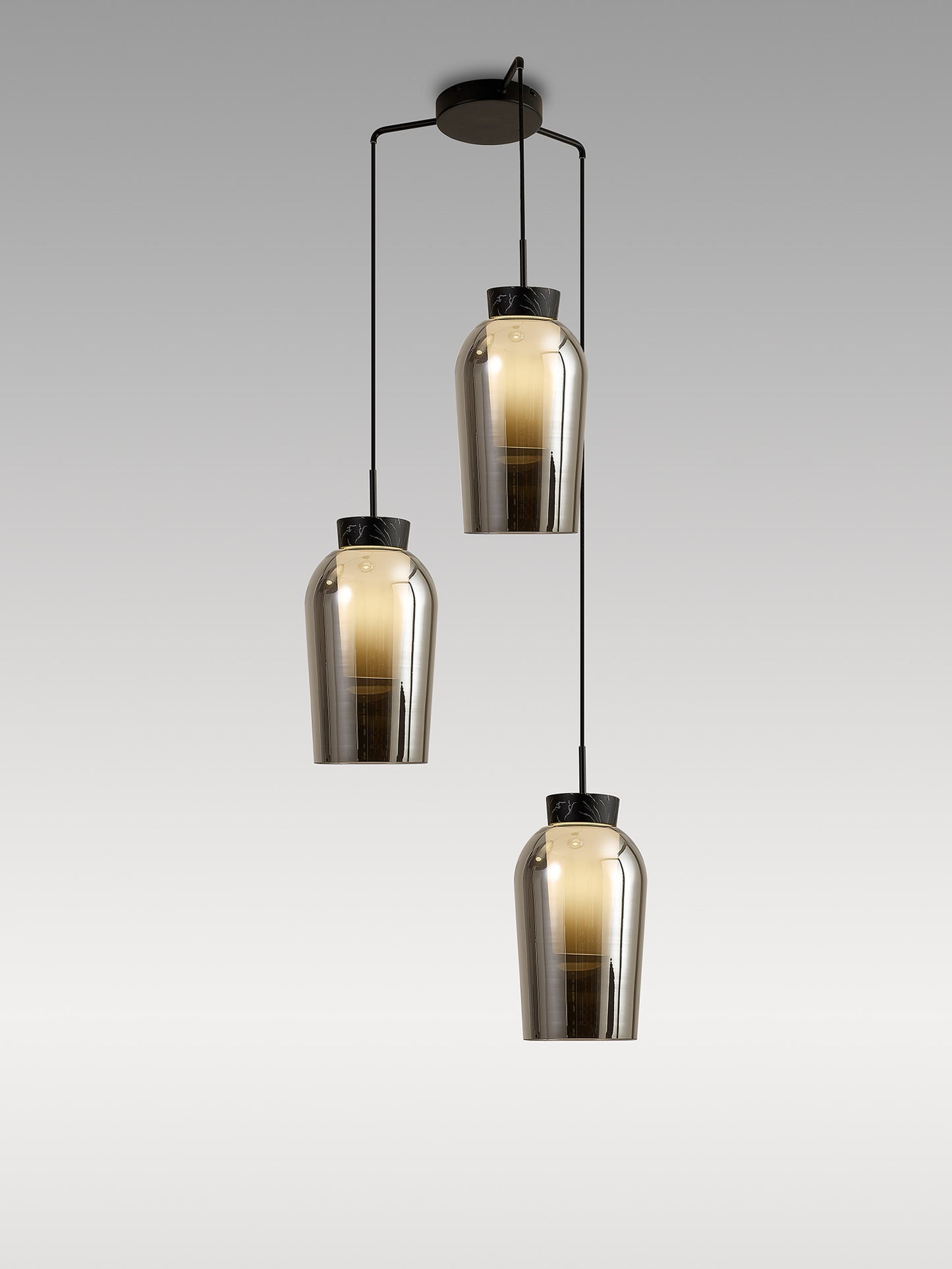 Nora Round Pendant, 3 Light Adjustable E27, Black/Black Marble/Chrome Glass With Frosted Inner by Mantra