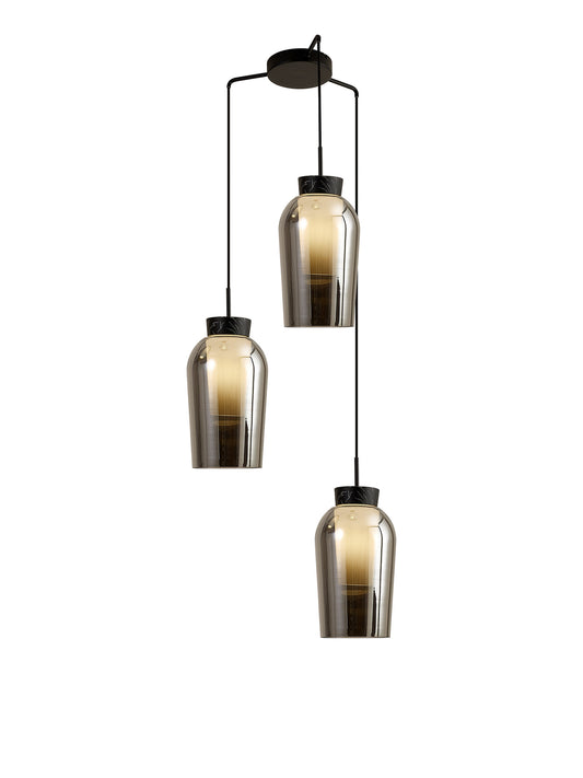 Nora Round Pendant, 3 Light Adjustable E27, Black/Black Marble/Chrome Glass With Frosted Inner by Mantra