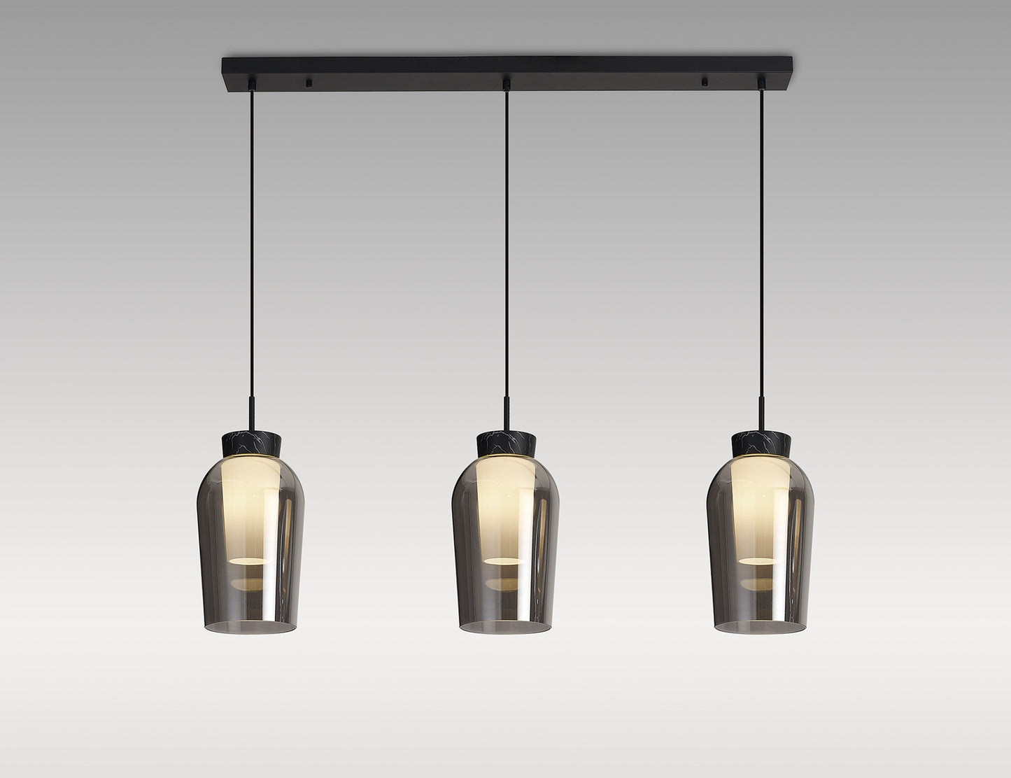 Nora Linear Pendant, 3 Light Adjustable E27, Black/Black Marble/Chrome Glass With Frosted Inner by Mantra