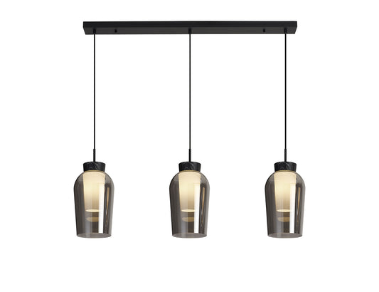 Nora Linear Pendant, 3 Light Adjustable E27, Black/Black Marble/Chrome Glass With Frosted Inner by Mantra