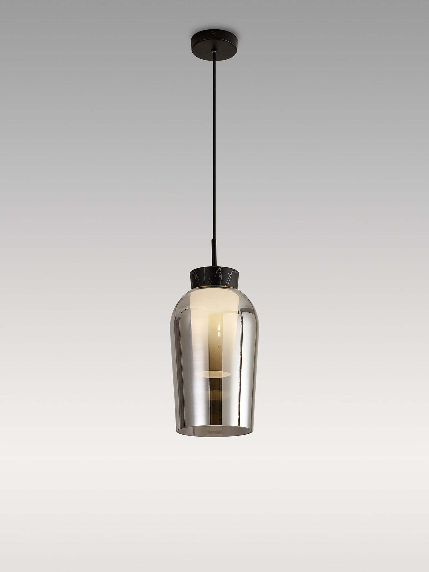 Nora Single Pendant, 1 Light Adjustable E27, Black/Black Marble/Chrome Glass With Frosted Inner by Mantra