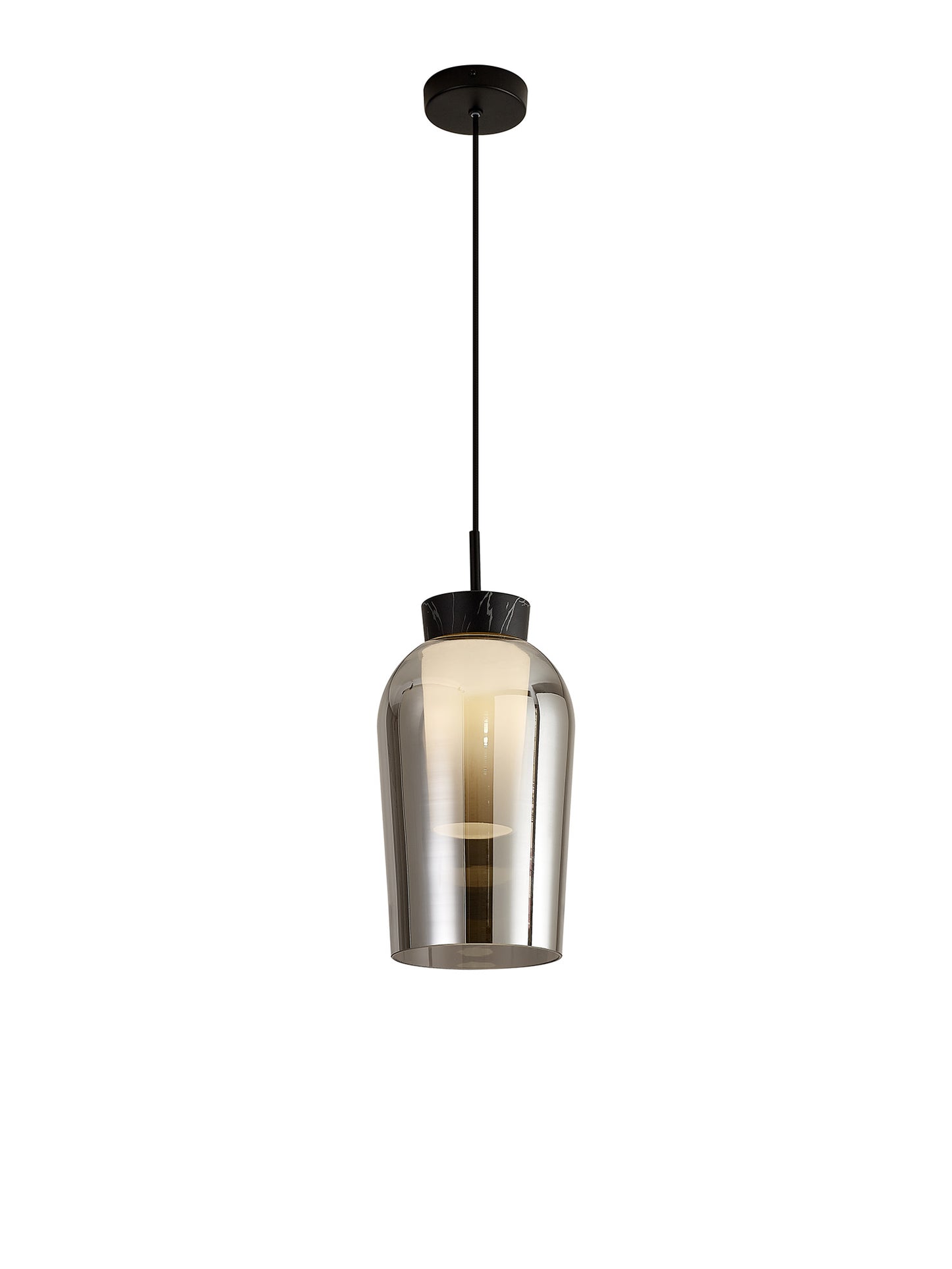 Nora Single Pendant, 1 Light Adjustable E27, Black/Black Marble/Chrome Glass With Frosted Inner by Mantra