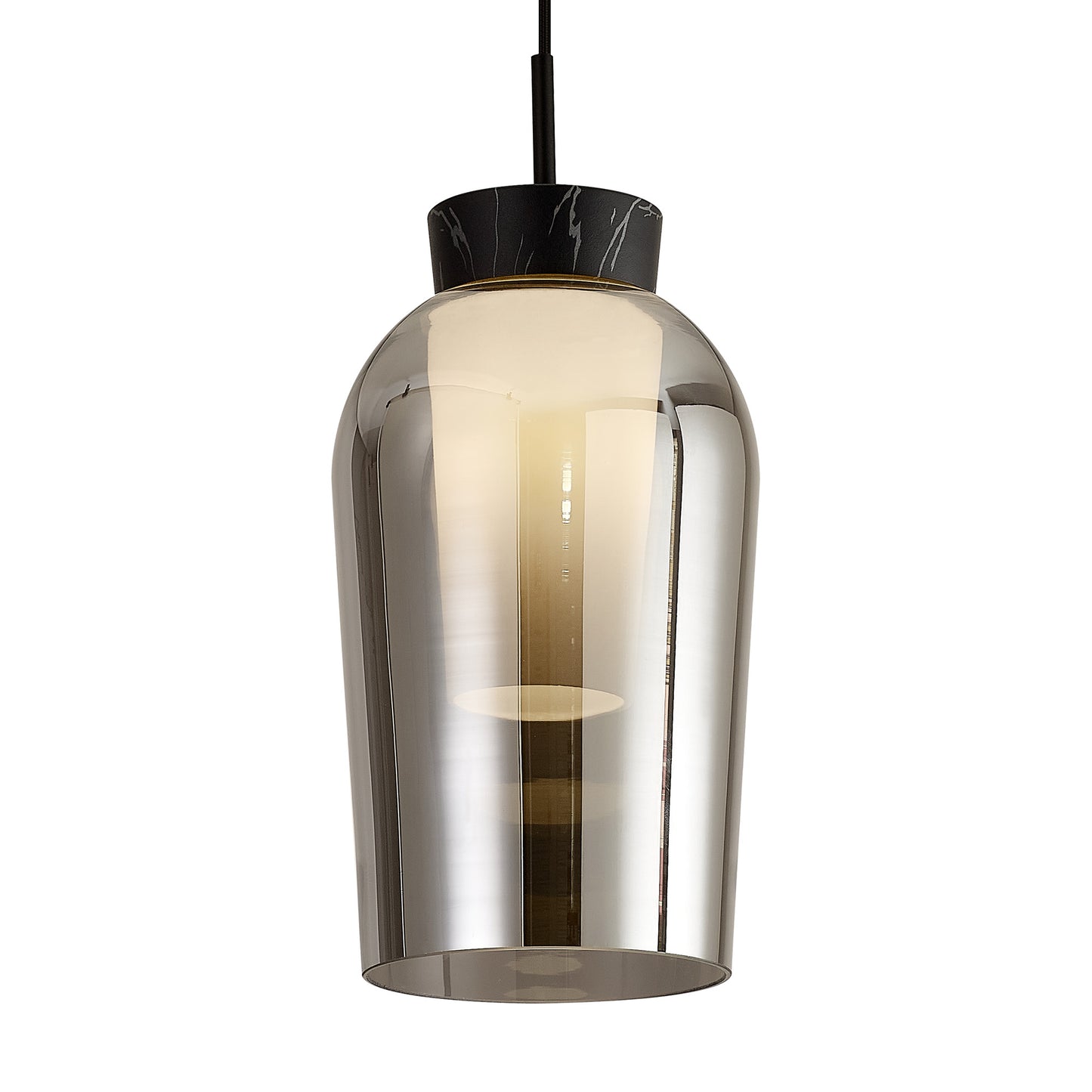 Nora Single Pendant, 1 Light Adjustable E27, Black/Black Marble/Chrome Glass With Frosted Inner by Mantra