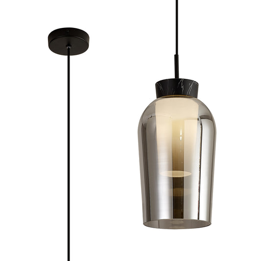 Nora Single Pendant, 1 Light Adjustable E27, Black/Black Marble/Chrome Glass With Frosted Inner by Mantra