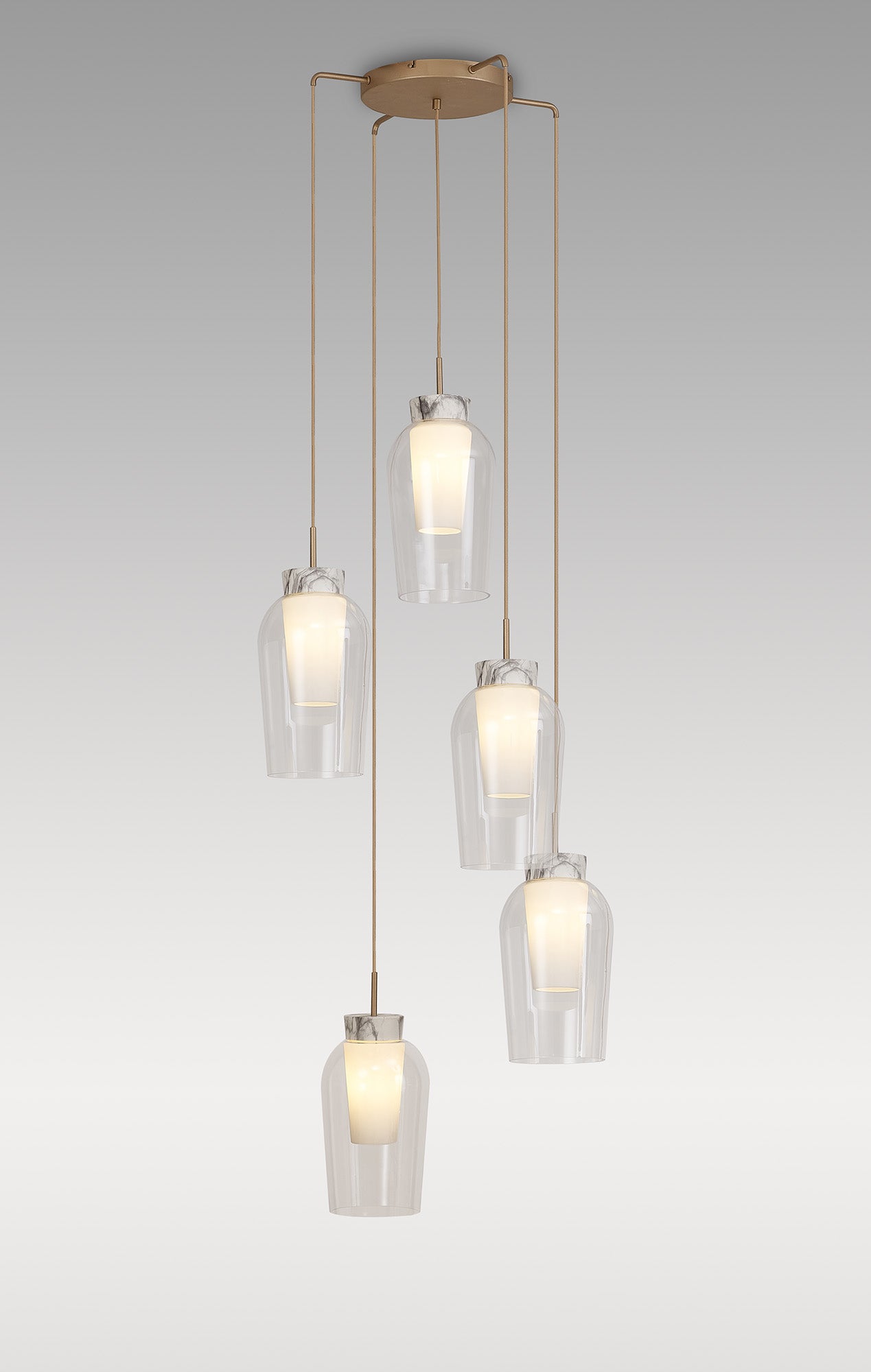 Nora Round Pendant, 5 Light Adjustable E27, Gold/White/Clear Glass With Frosted Inner by Mantra