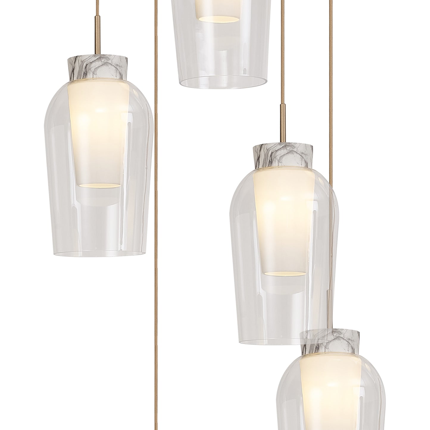 Nora Round Pendant, 5 Light Adjustable E27, Gold/White/Clear Glass With Frosted Inner by Mantra