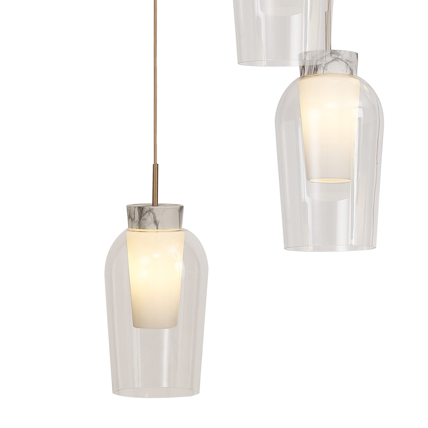 Nora Round Pendant, 5 Light Adjustable E27, Gold/White/Clear Glass With Frosted Inner by Mantra