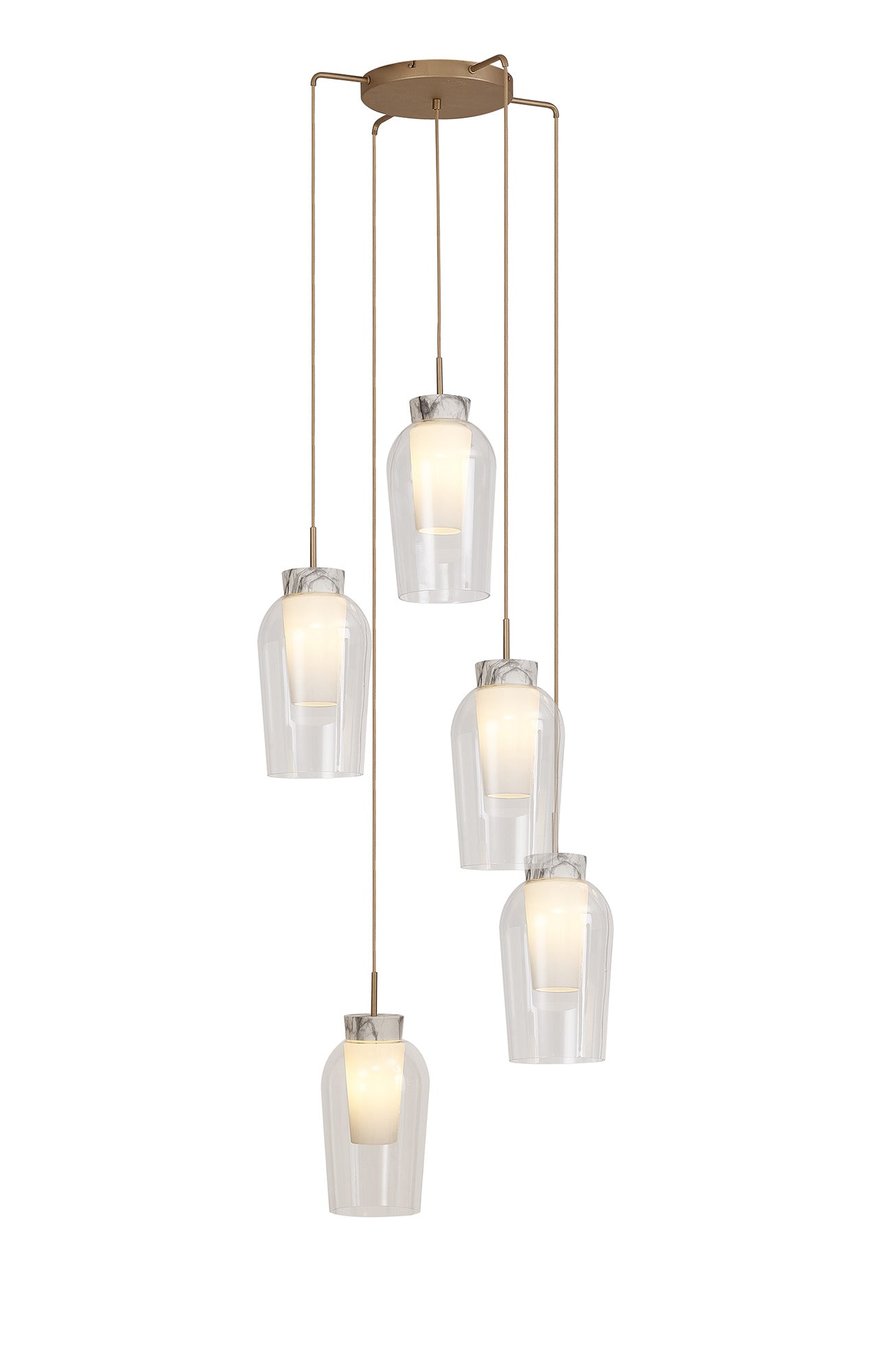 Nora Round Pendant, 5 Light Adjustable E27, Gold/White/Clear Glass With Frosted Inner by Mantra