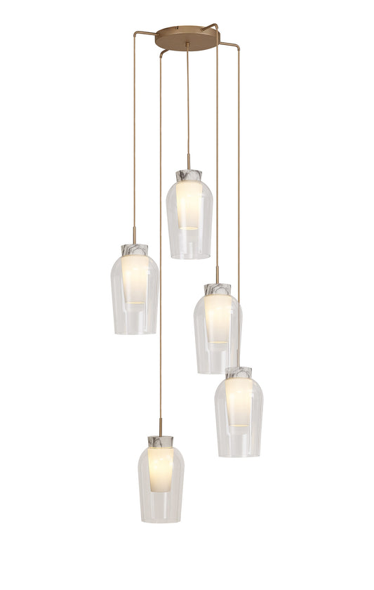 Nora Round Pendant, 5 Light Adjustable E27, Gold/White/Clear Glass With Frosted Inner by Mantra