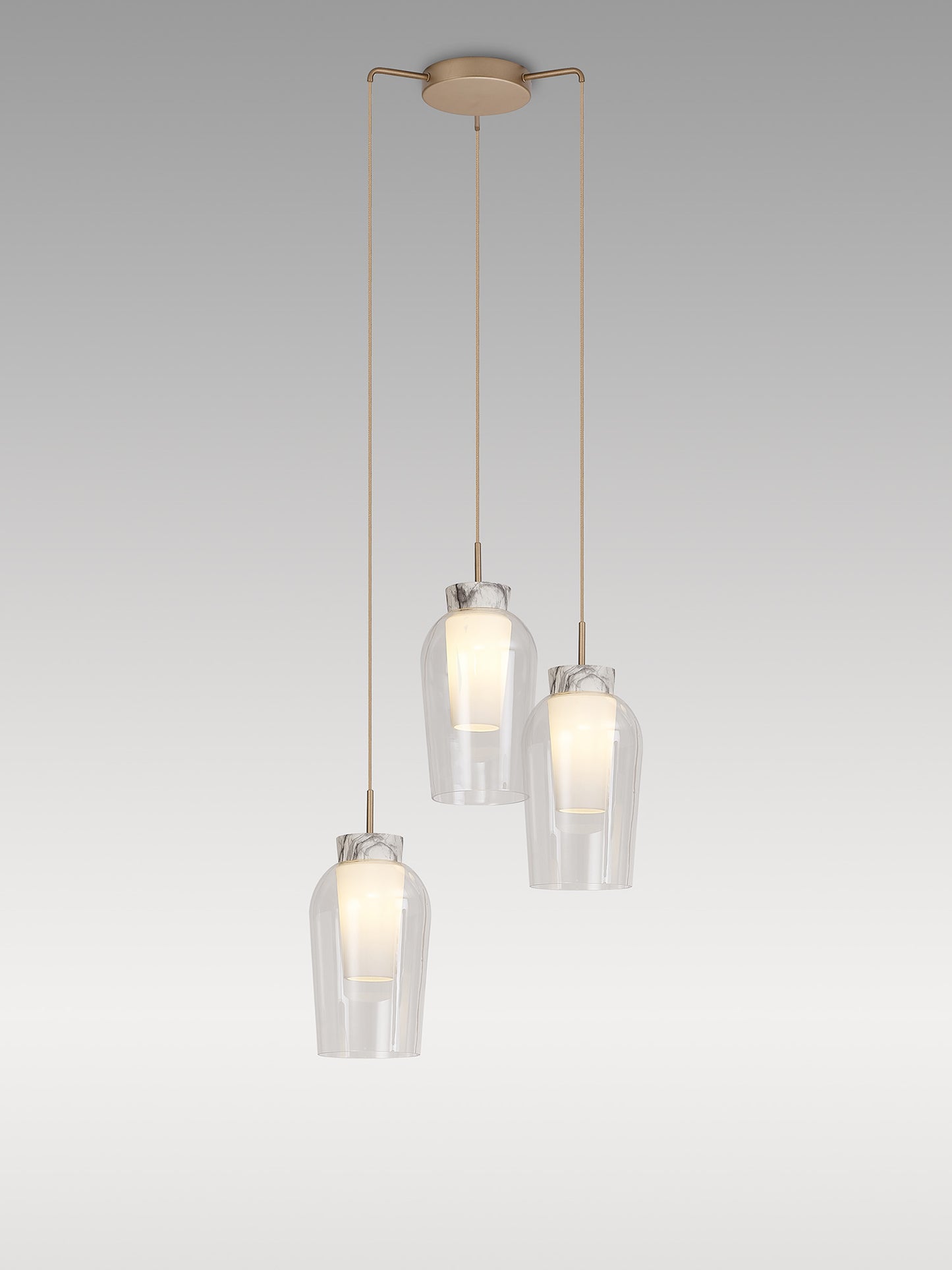 Nora Round Pendant, 3 Light Adjustable E27, Gold/White/Clear Glass With Frosted Inner by Mantra