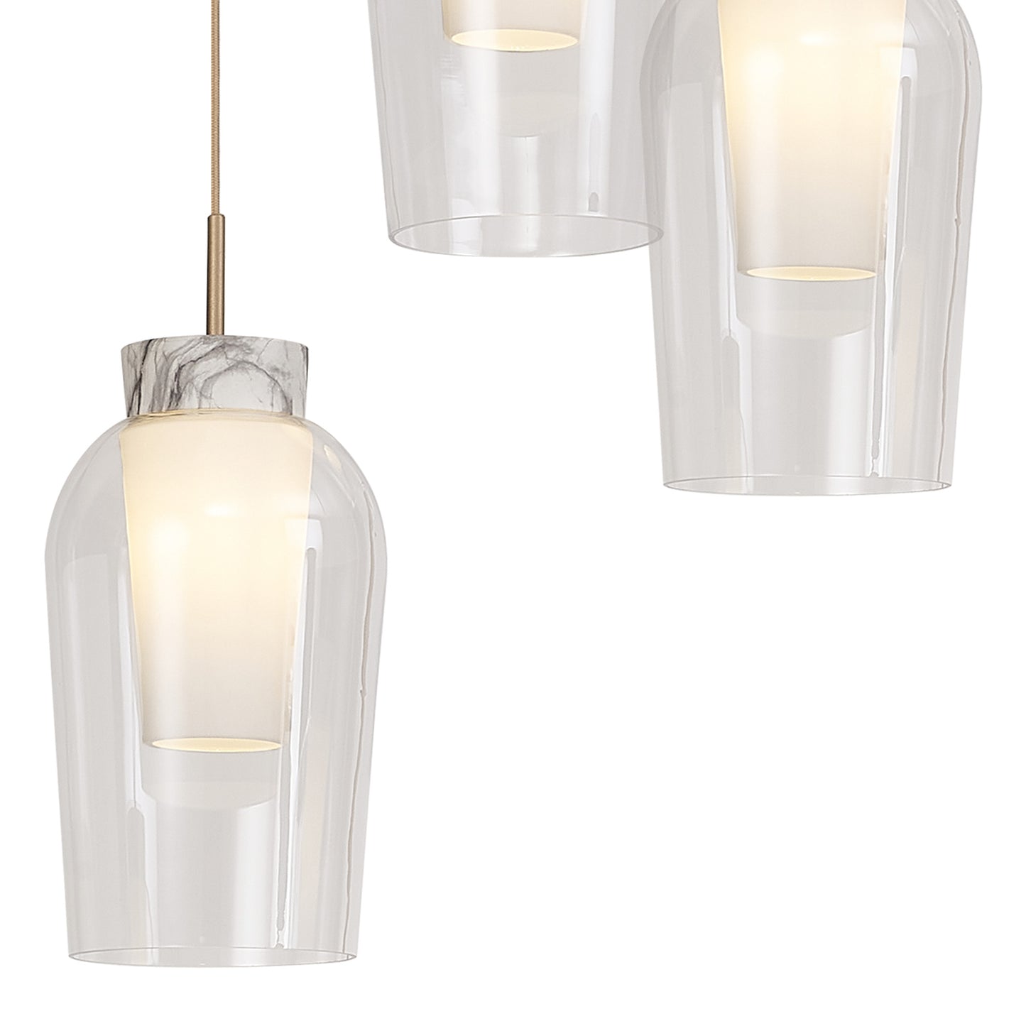 Nora Round Pendant, 3 Light Adjustable E27, Gold/White/Clear Glass With Frosted Inner by Mantra