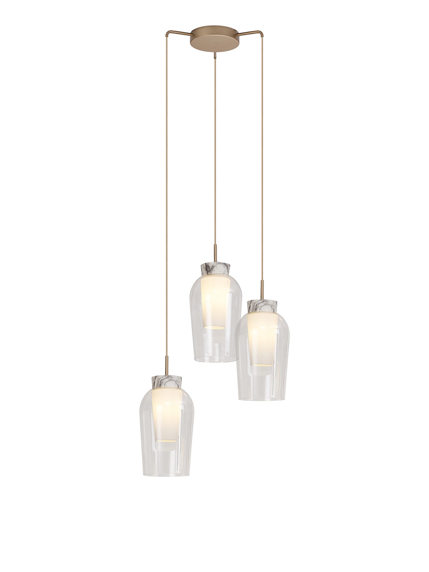 Nora Round Pendant, 3 Light Adjustable E27, Gold/White/Clear Glass With Frosted Inner by Mantra