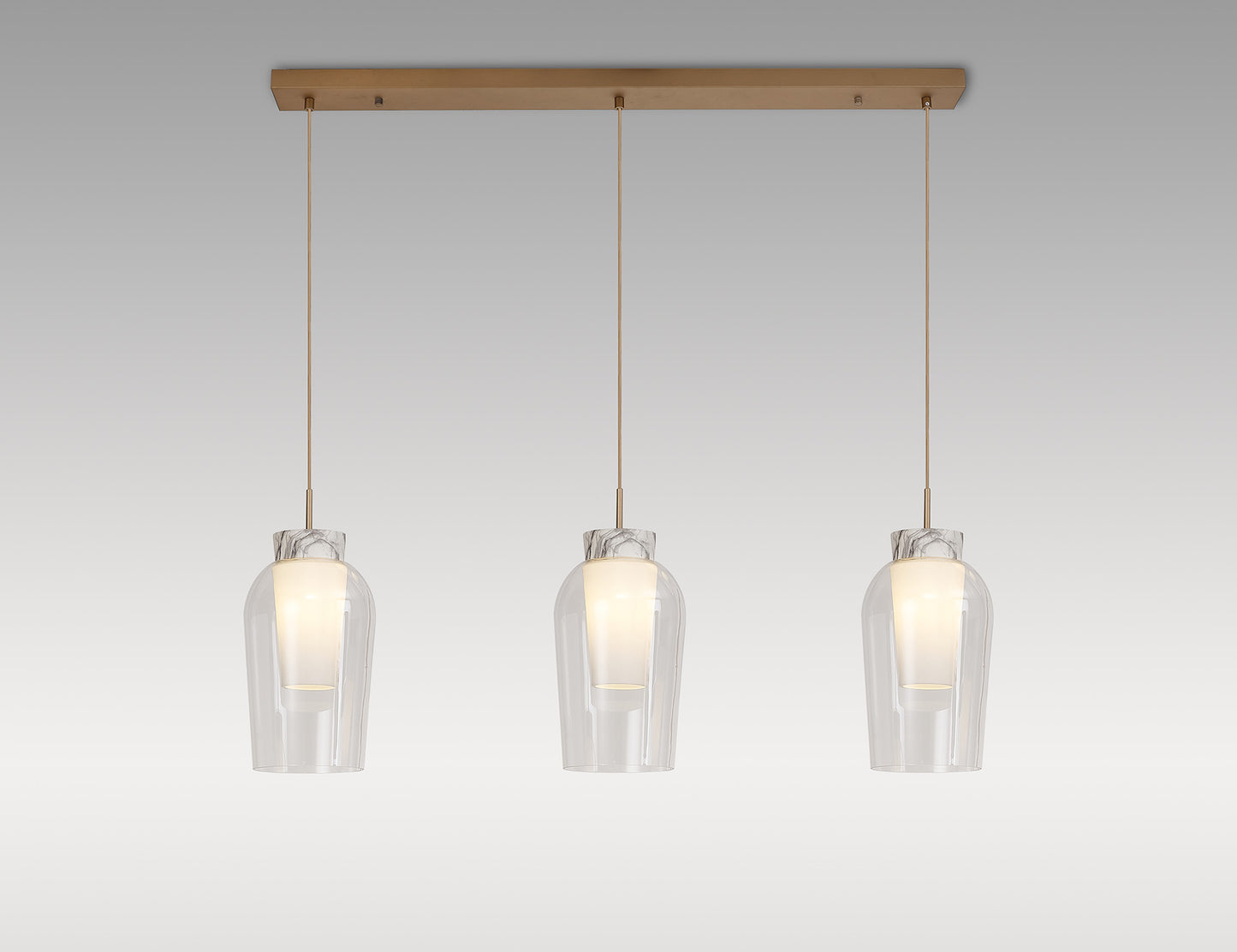 Nora Linear Pendant, 3 Light Adjustable E27, Gold/White/Clear Glass With Frosted Inner by Mantra