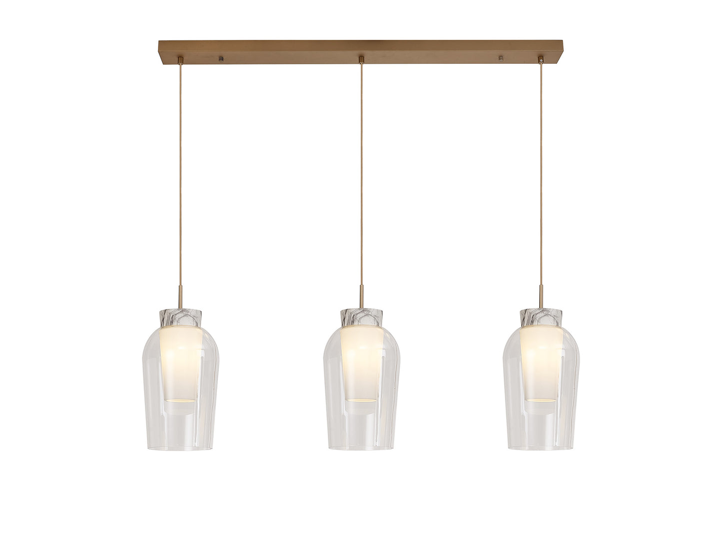 Nora Linear Pendant, 3 Light Adjustable E27, Gold/White/Clear Glass With Frosted Inner by Mantra