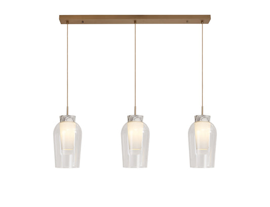 Nora Linear Pendant, 3 Light Adjustable E27, Gold/White/Clear Glass With Frosted Inner by Mantra