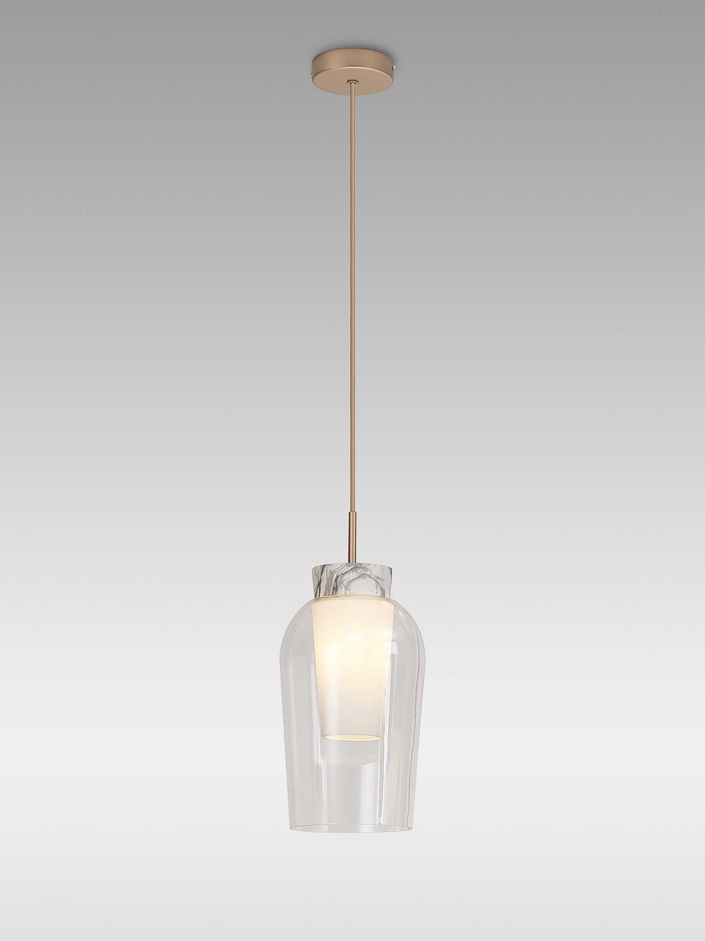 Nora Single Pendant, 1 Light Adjustable E27, Gold/White/Clear Glass With Frosted Inner by Mantra