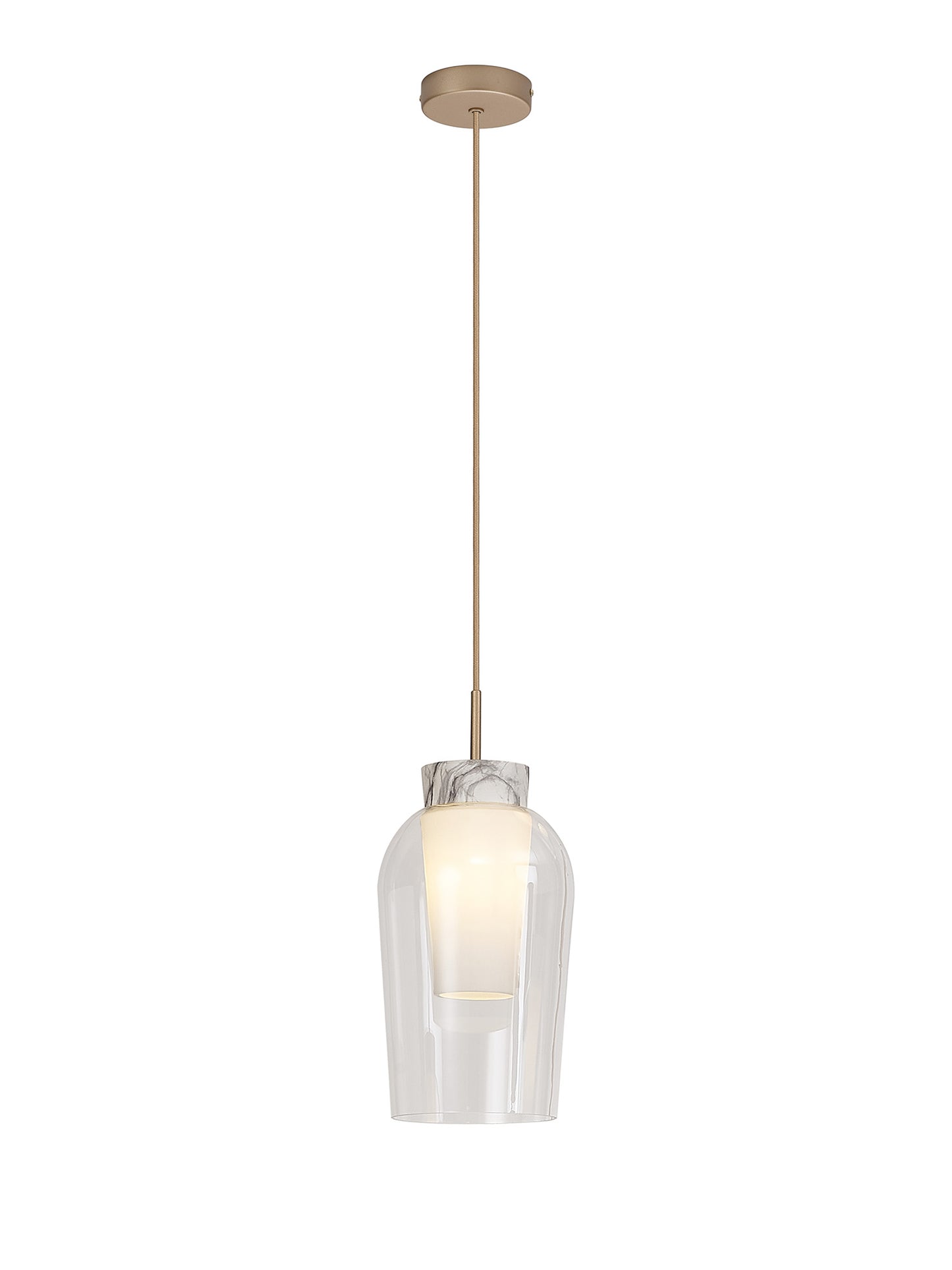 Nora Single Pendant, 1 Light Adjustable E27, Gold/White/Clear Glass With Frosted Inner by Mantra