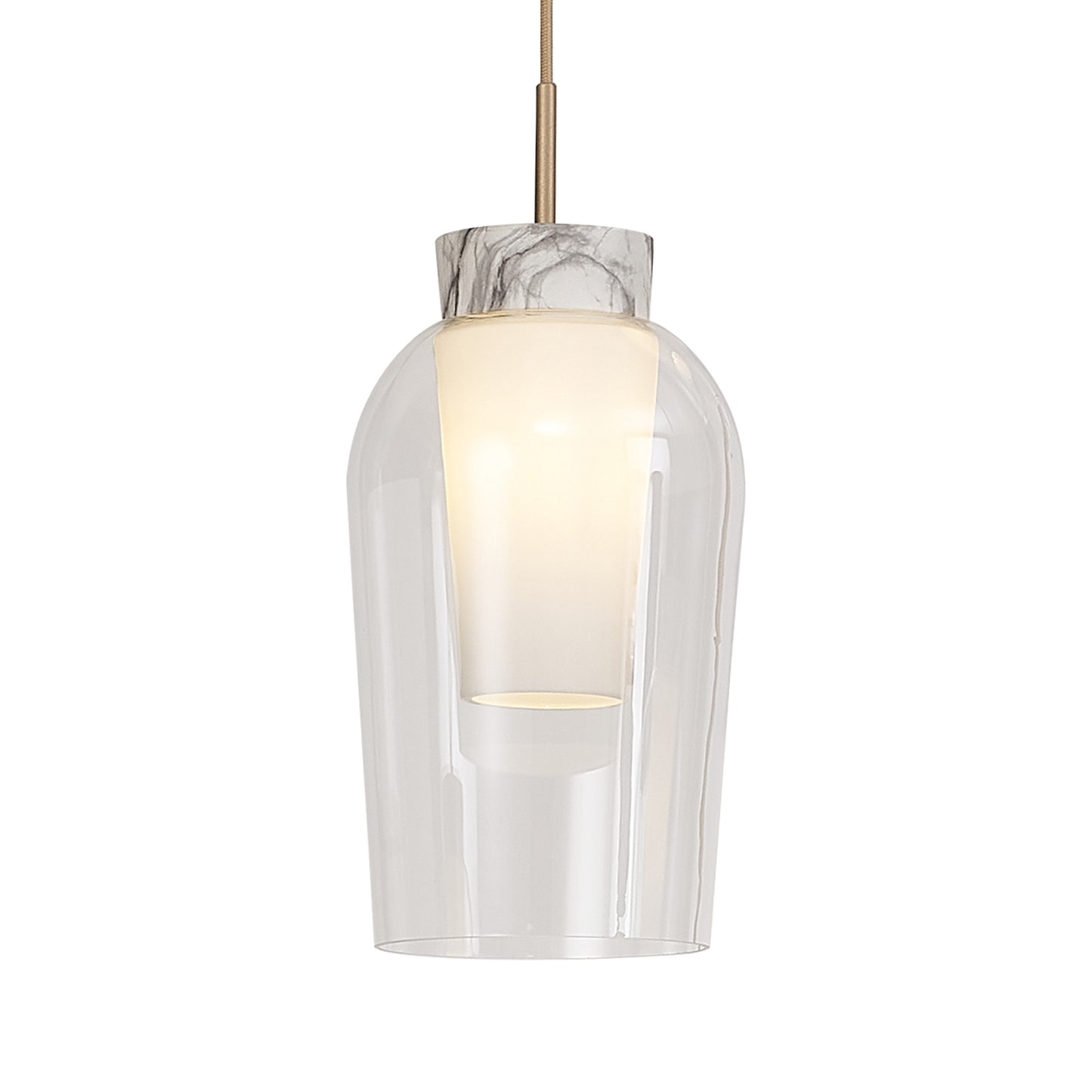 Nora Single Pendant, 1 Light Adjustable E27, Gold/White/Clear Glass With Frosted Inner by Mantra