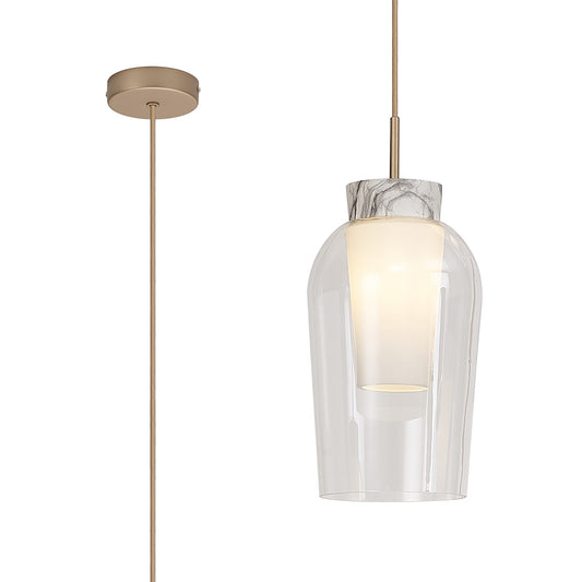 Nora Single Pendant, 1 Light Adjustable E27, Gold/White/Clear Glass With Frosted Inner by Mantra