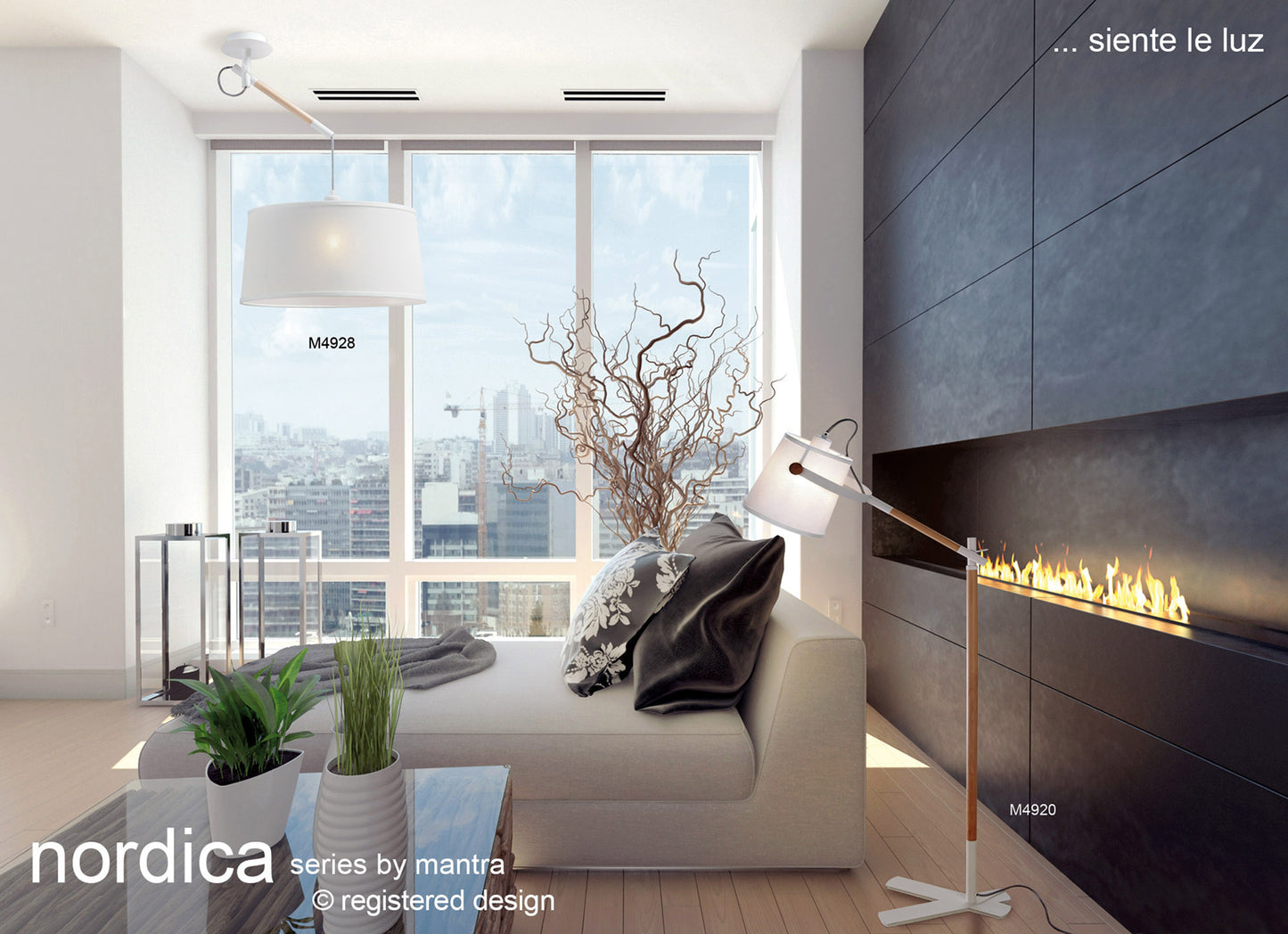 Nordica Floor Lamp With White Shade 1 Light E27, Matt White/Beech With Ivory White Shade by Mantra