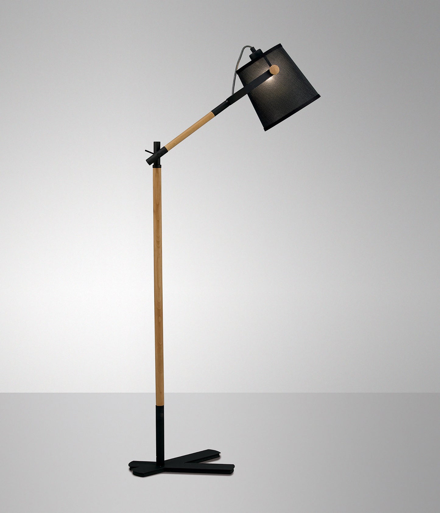 Nordica Floor Lamp With Black Shade 1 Light E27, Matt Black/Beech With Black Shade by Mantra