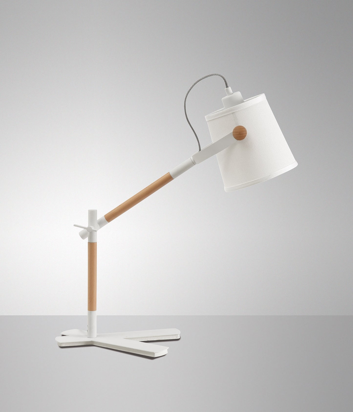 Nordica Table Lamp With White Shade 1 Light E27, Matt White/Beech With Ivory White Shade by Mantra