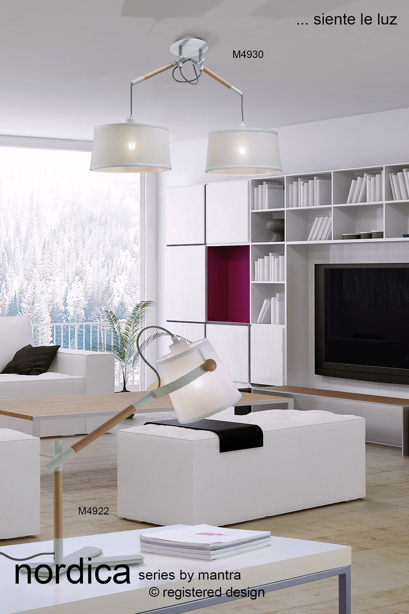 Nordica Table Lamp With White Shade 1 Light E27, Matt White/Beech With Ivory White Shade by Mantra
