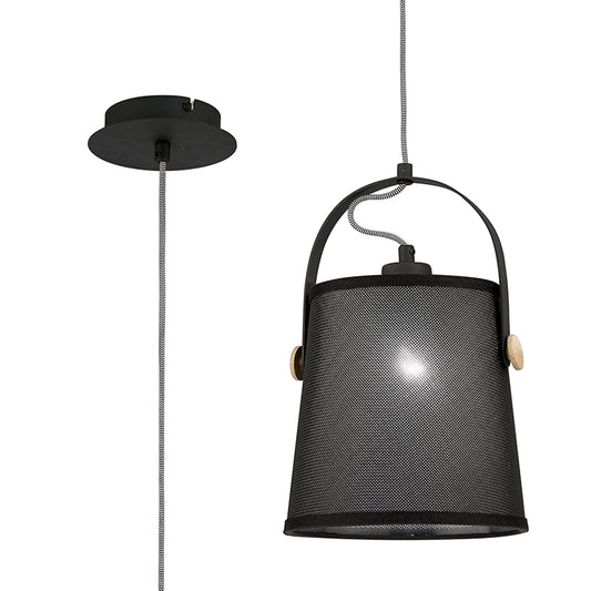 Nordica Pendant With Black Shade 1 Light E27, Matt Black/Beech With Black Shade by Mantra