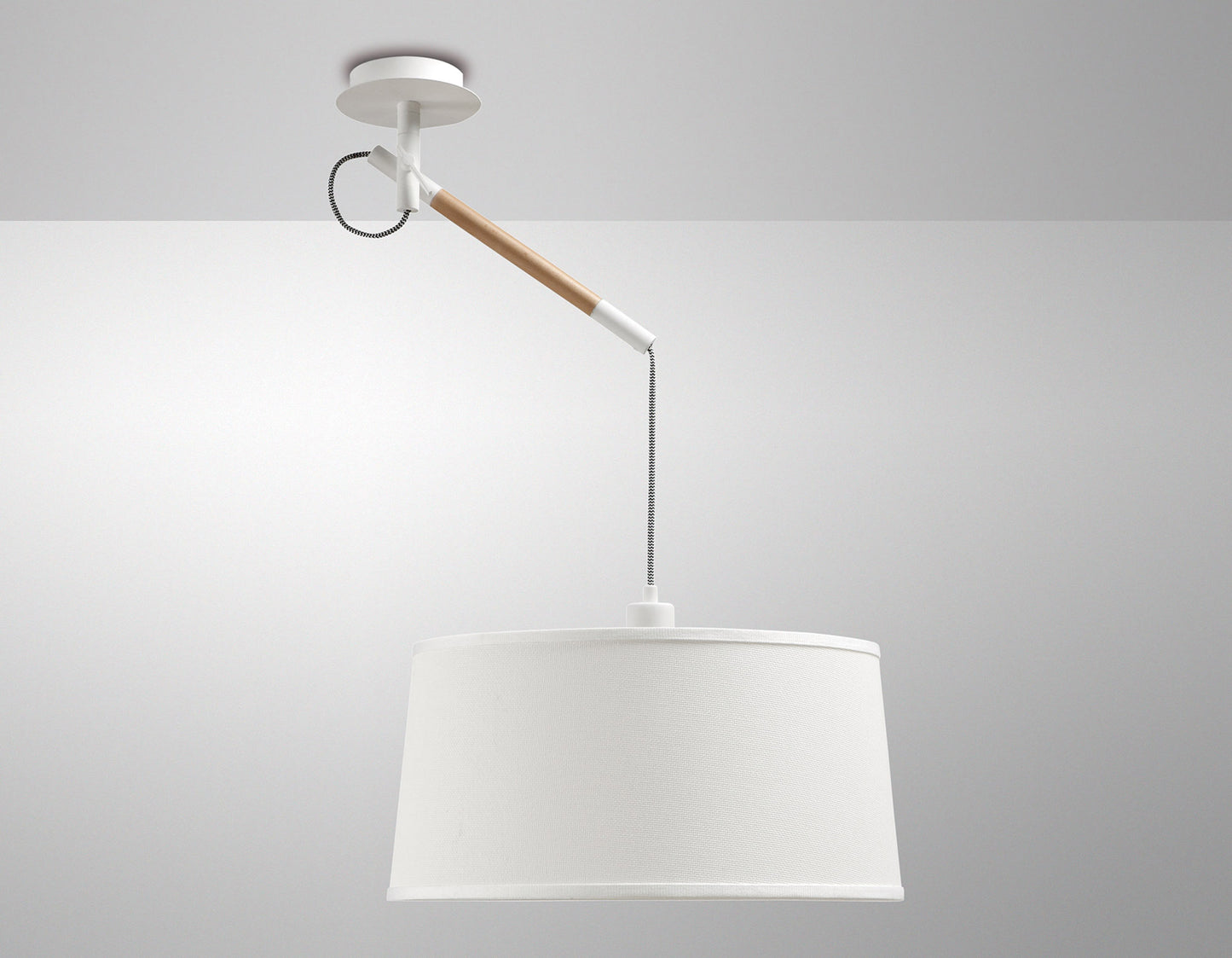 Nordica Multi Position Pendant With White Shade 1 Light E27, Matt White/Beech With Ivory White Shade by Mantra