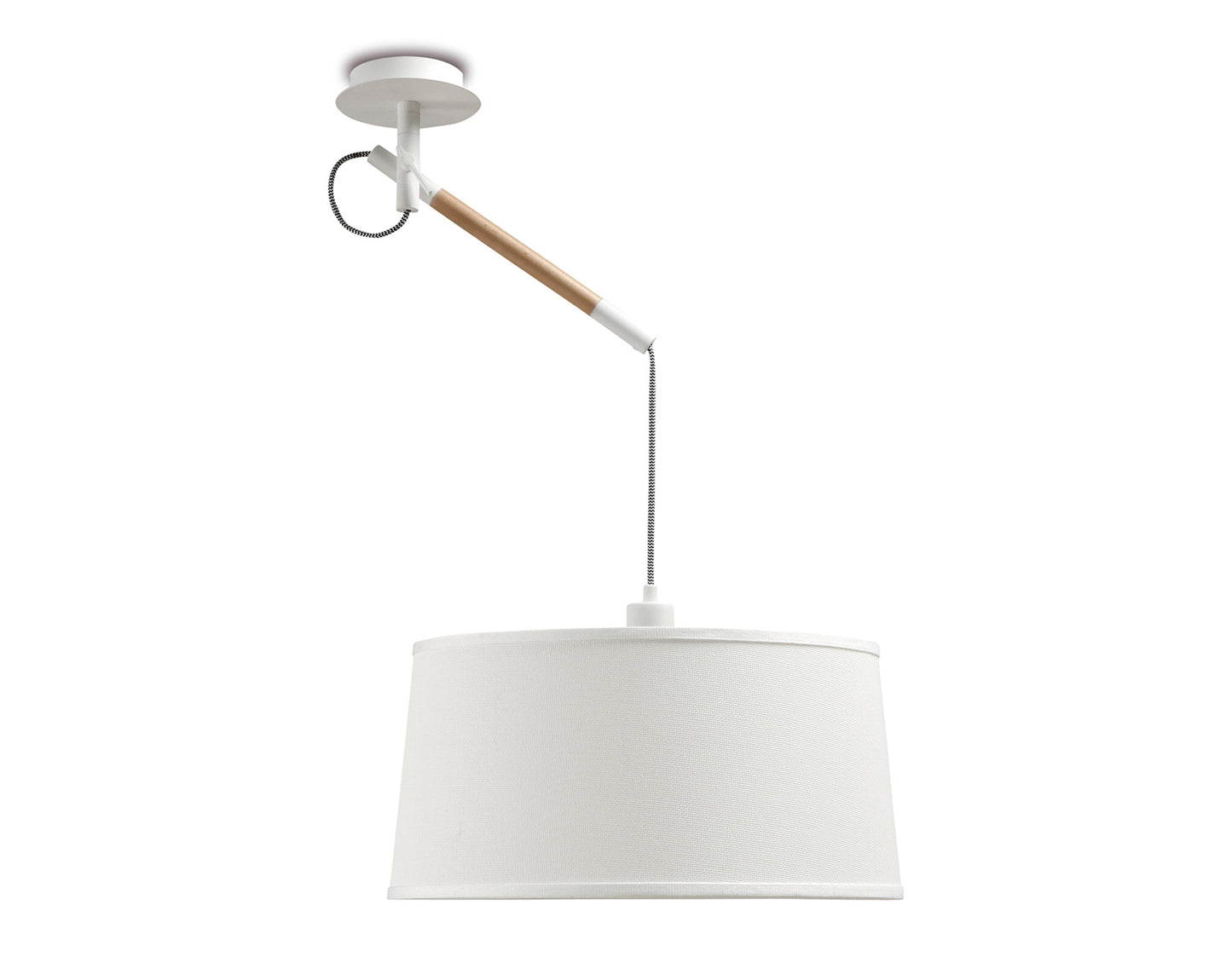 Nordica Multi Position Pendant With White Shade 1 Light E27, Matt White/Beech With Ivory White Shade by Mantra