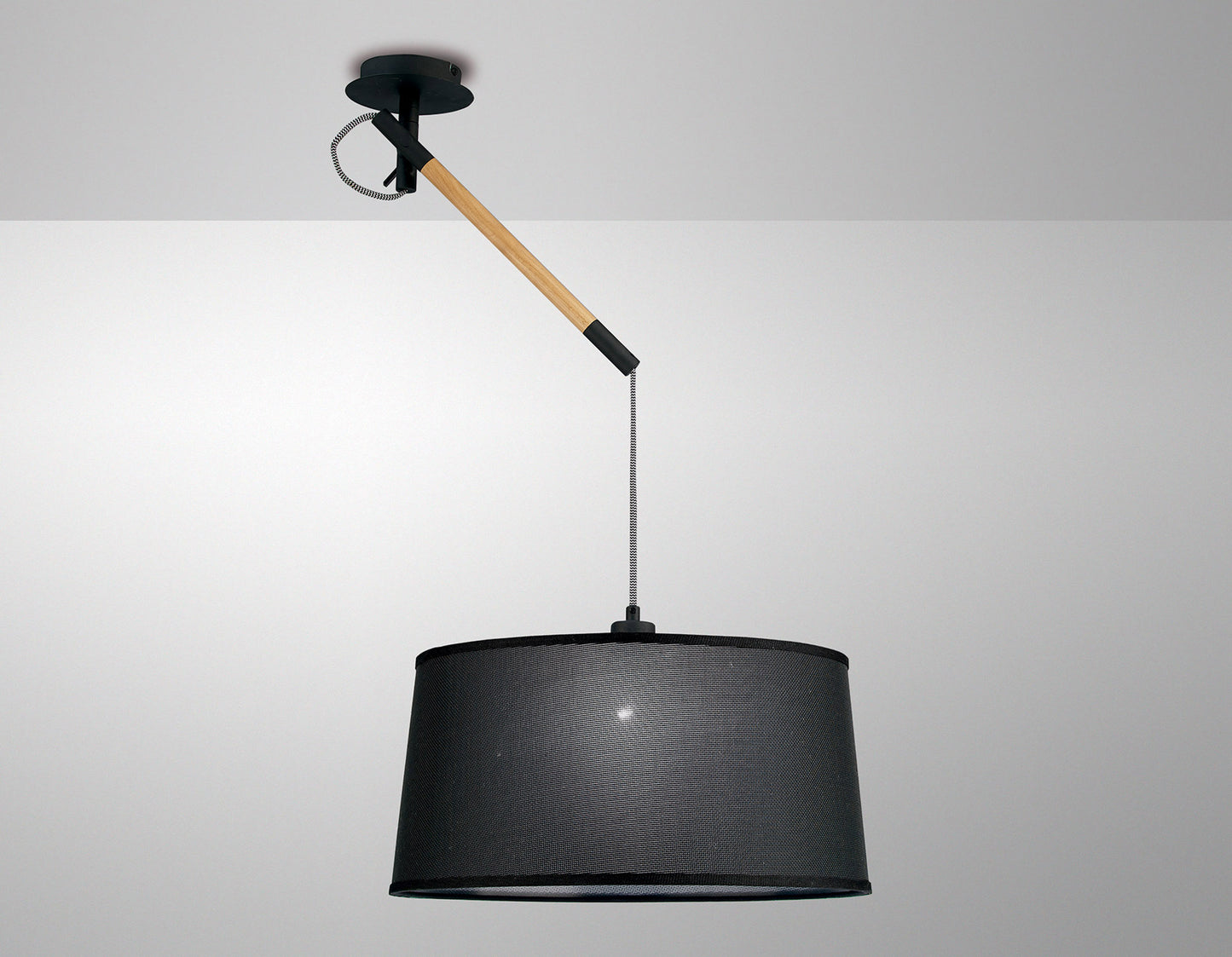 Nordica Multi Position Pendant With Black Shade 1 Light E27, Matt Black/Beech With Black Shade by Mantra