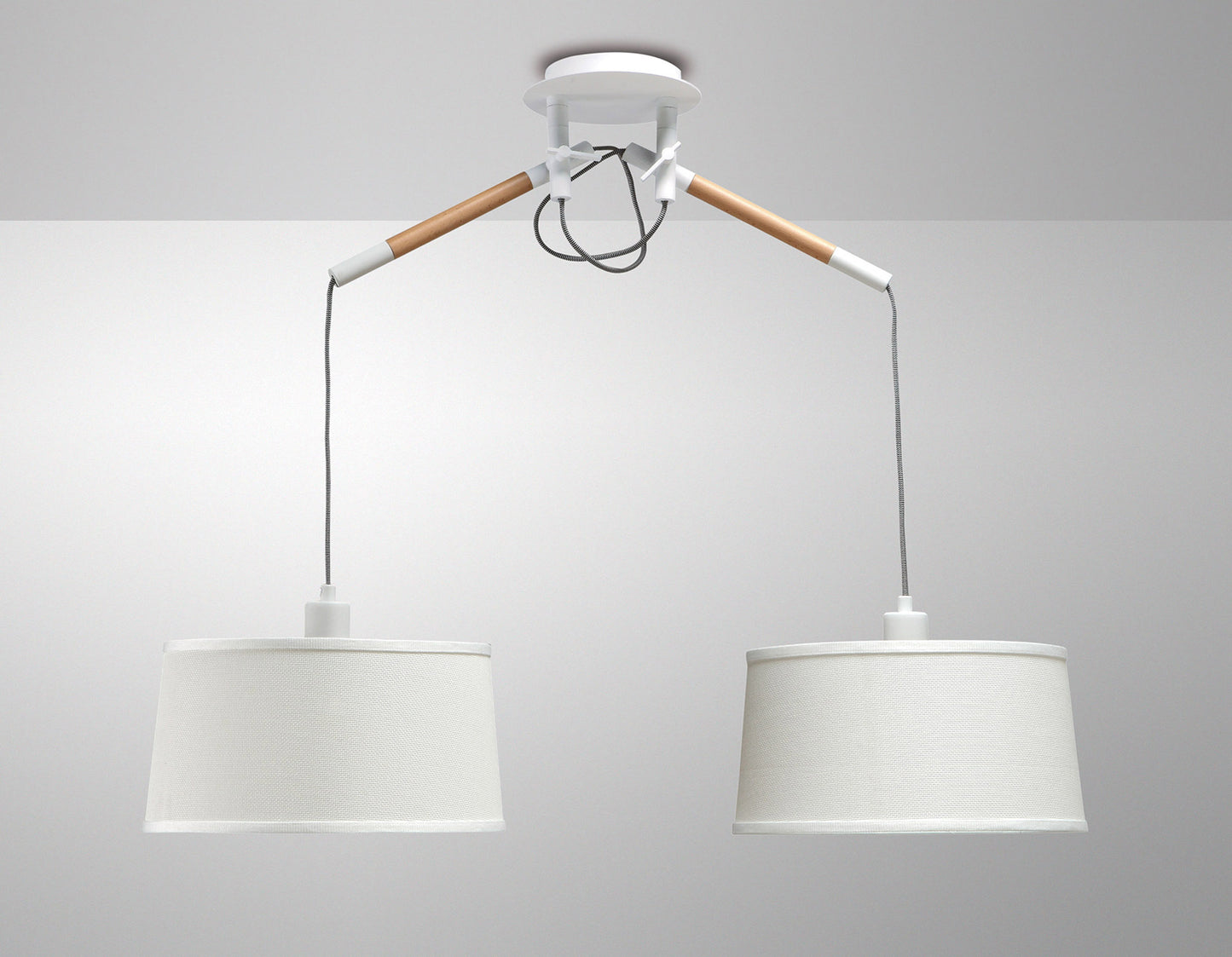 Nordica Linear Pendant With White Shade 2 Light E27, Matt White/Beech With Ivory White Shades by Mantra