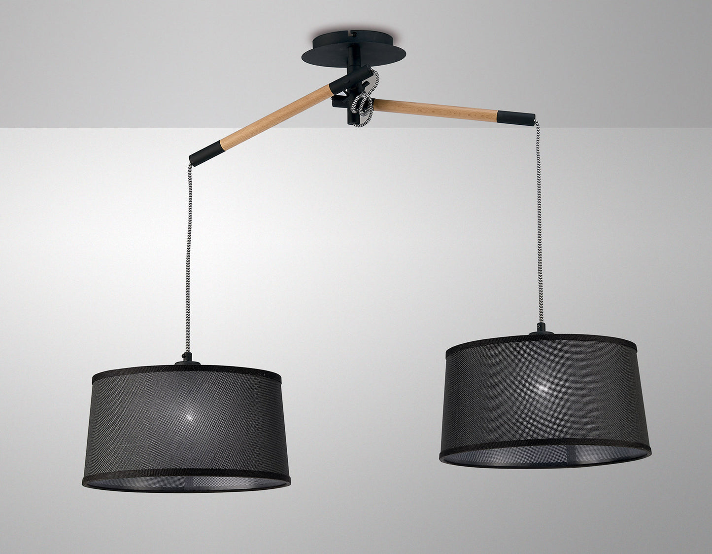 Nordica Linear Pendant With Black Shade 2 Light E27, Matt Black/Beech With Black Shades by Mantra