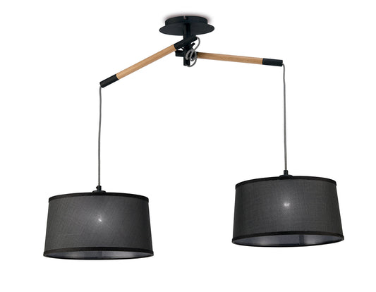 Nordica Linear Pendant With Black Shade 2 Light E27, Matt Black/Beech With Black Shades by Mantra