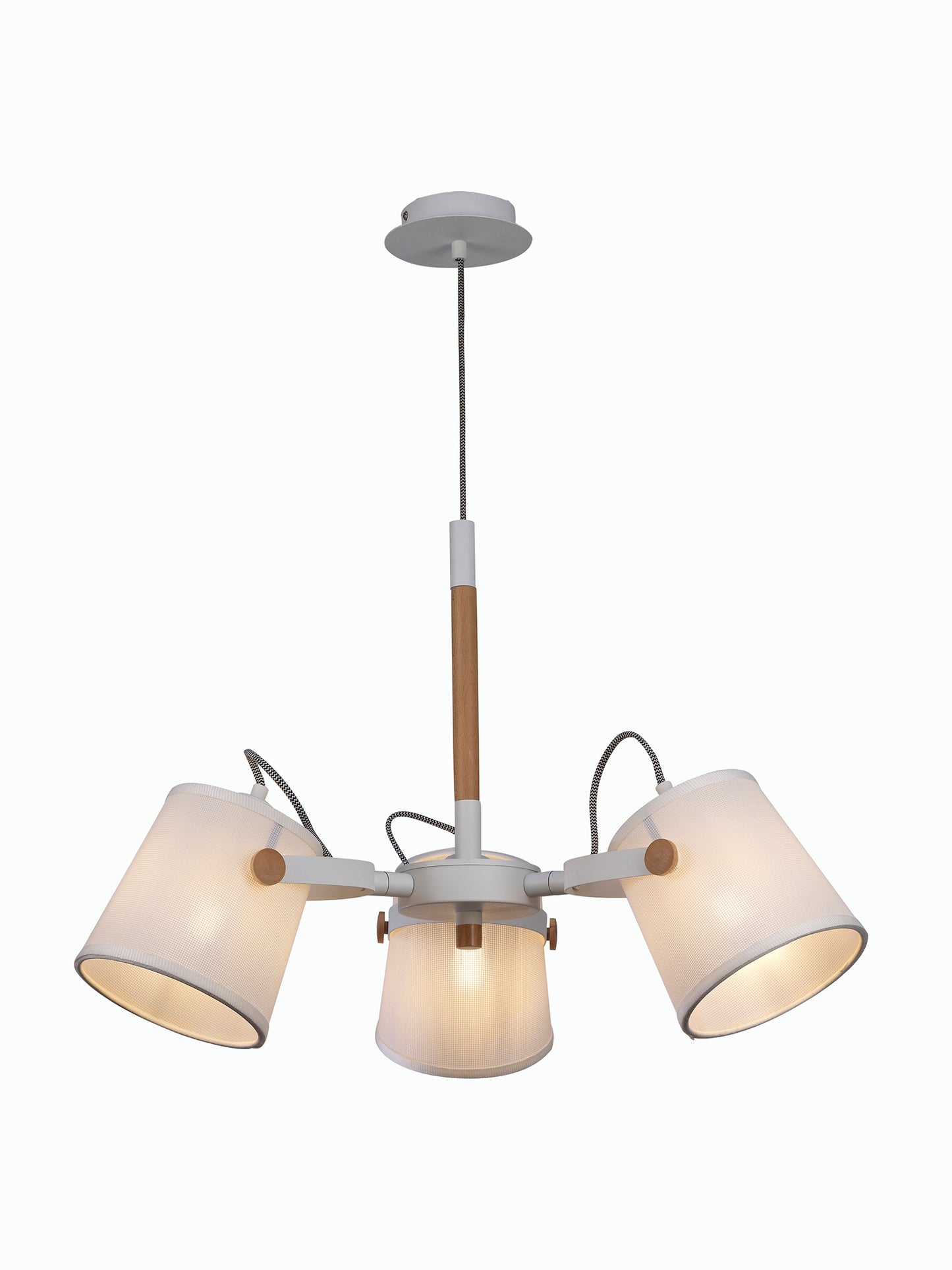 Nordica II Position Pendant 3 Light 3x23W E27, White/Beech With White Shades by Mantra