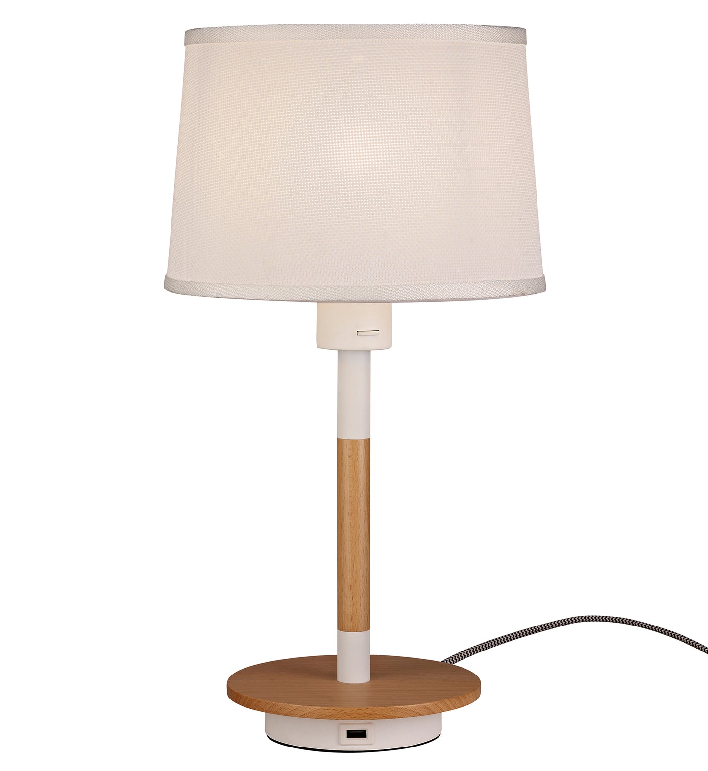 Nordica II Table Lamp With USB Socket, 1x23W E27, White/Beech With White Shade by Mantra