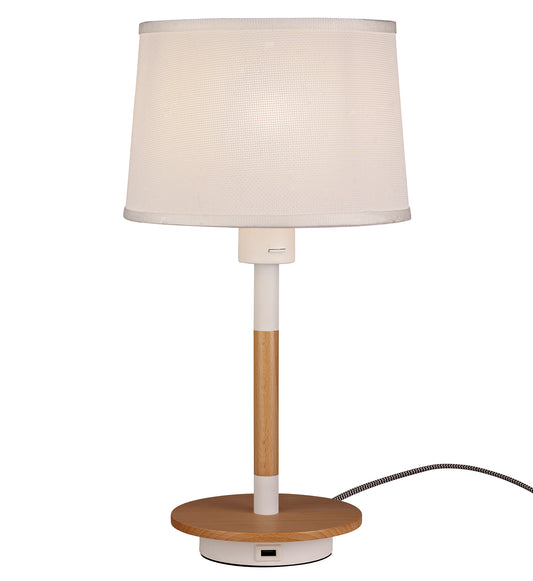 Nordica II Table Lamp With USB Socket, 1x23W E27, White/Beech With White Shade by Mantra