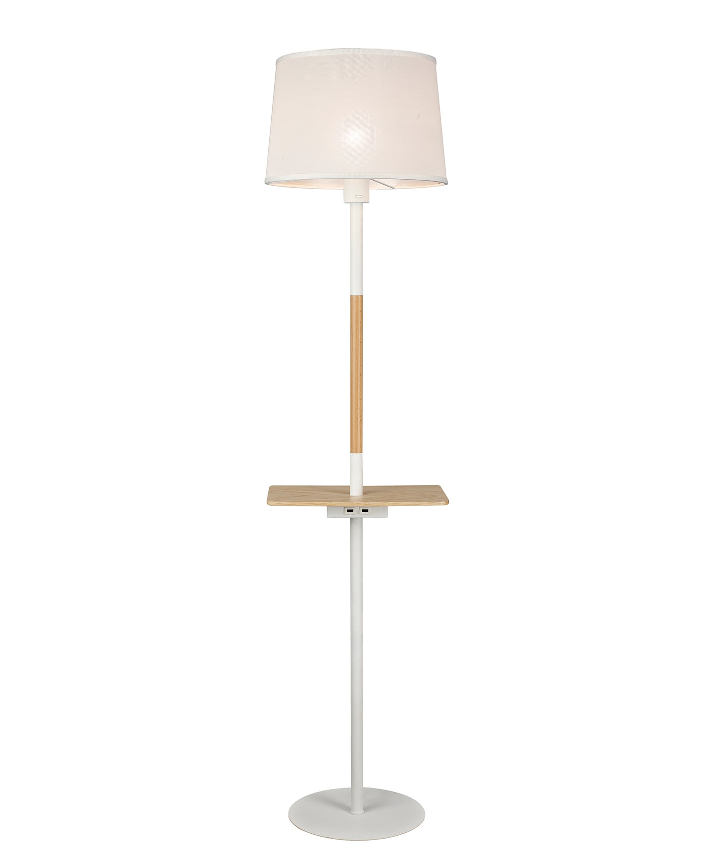 Nordica II Floor Lamp With USB Socket, 1x23W E27, White/Beech With White Shade by Mantra