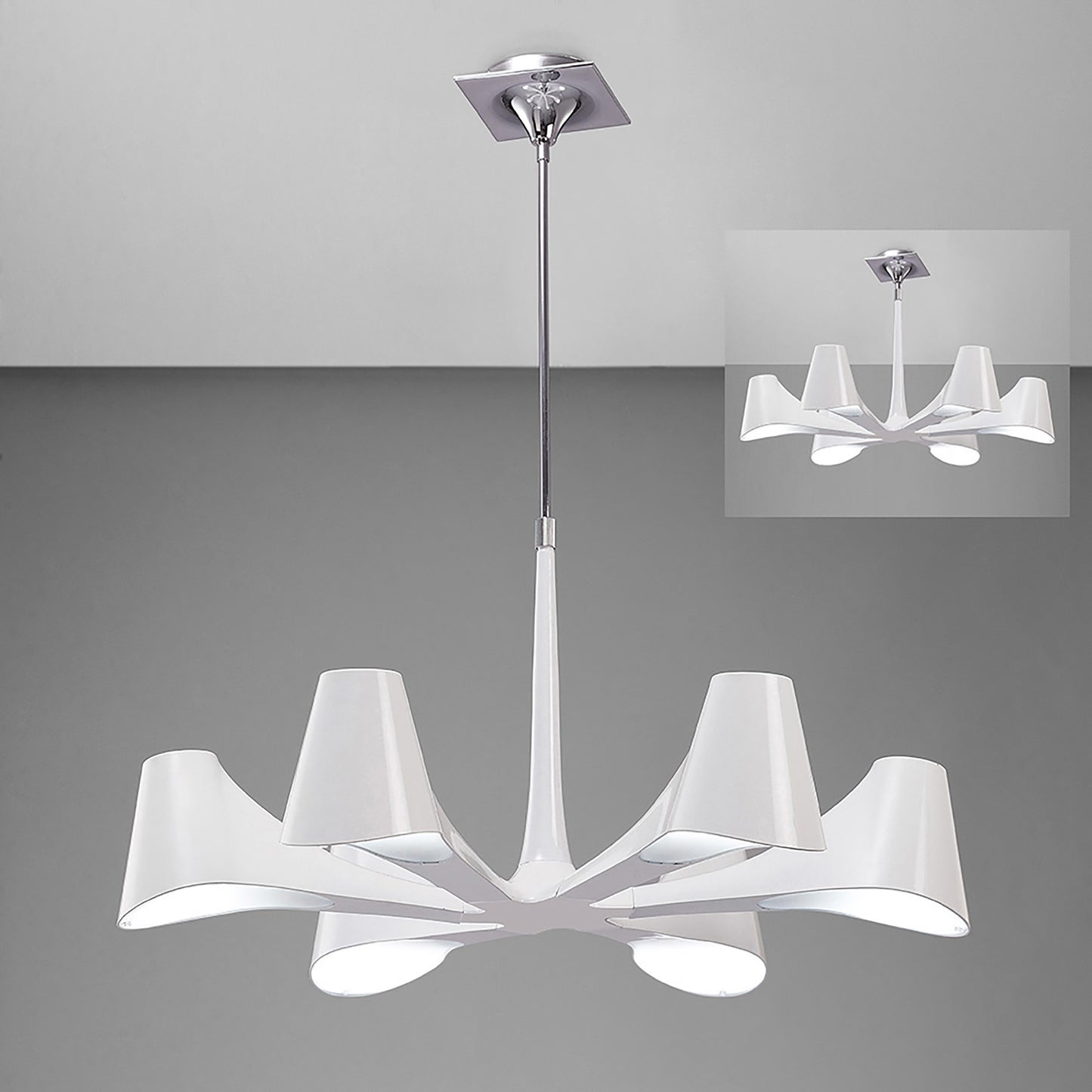 Ora Telescopic Convertible To Semi Flush 6 Light E27, Gloss White/White Acrylic/Polished Chrome, CFL Lamps INCLUDED by Mantra