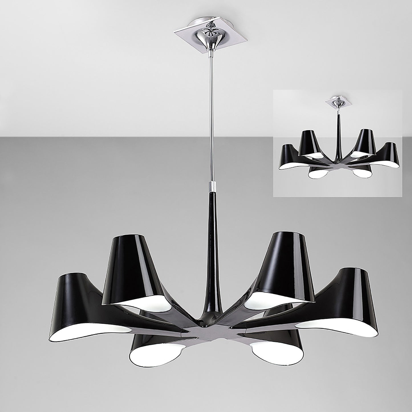 Ora Telescopic Convertible To Semi Flush 6 Light E27, Gloss Black/White Acrylic/Polished Chrome, CFL Lamps INCLUDED by Mantra