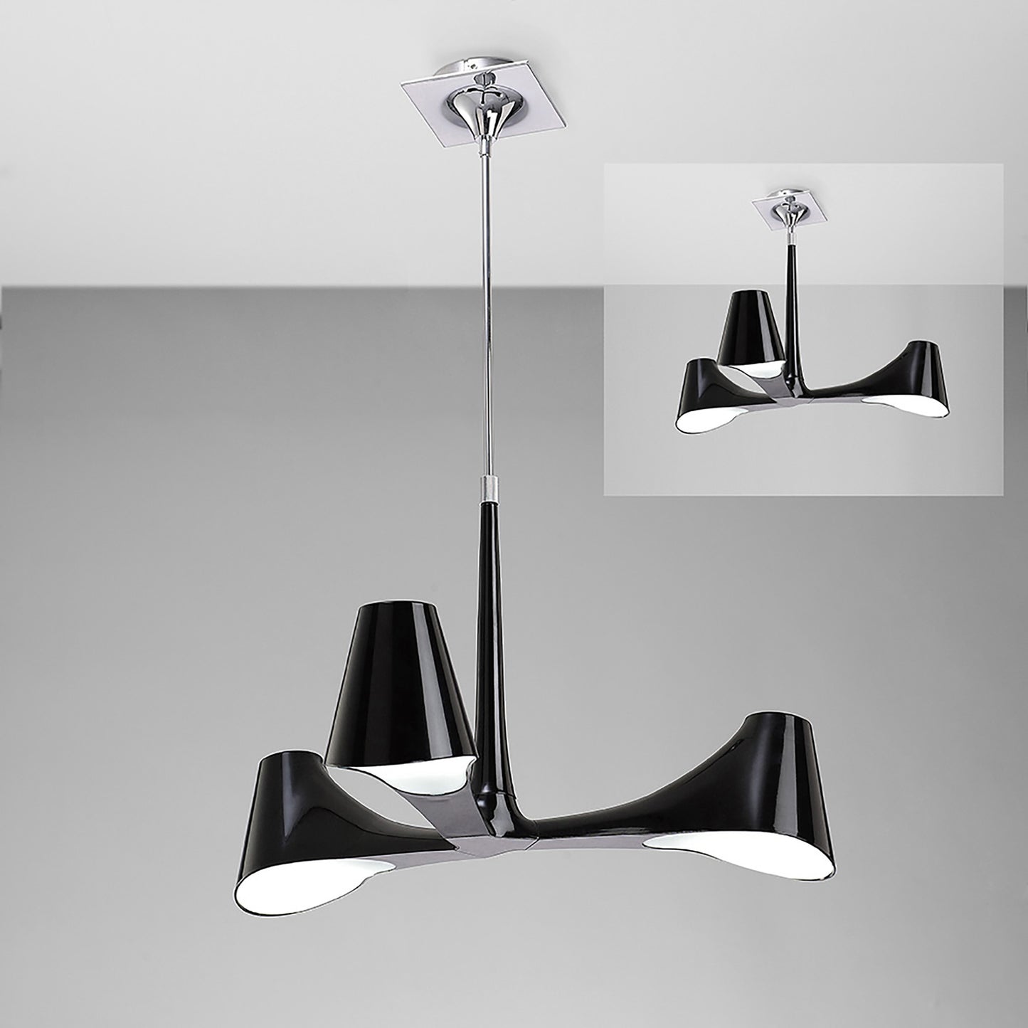 Ora Telescopic Convertible To Semi Flush 3 Light E27, Gloss Black/White Acrylic/Polished Chrome, CFL Lamps INCLUDED by Mantra