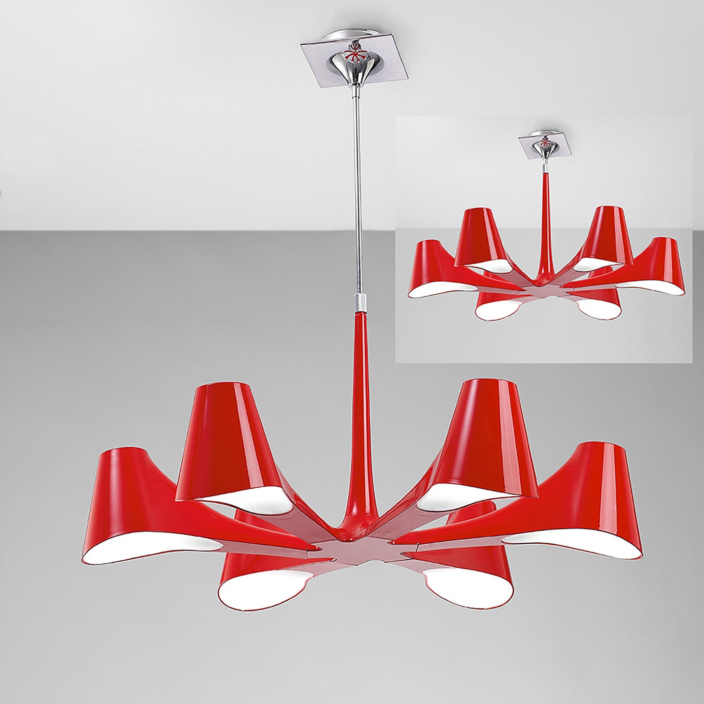 Ora Telescopic Convertible To Semi Flush 6 Light E27, Gloss Red/White Acrylic/Polished Chrome, CFL Lamps INCLUDED by Mantra