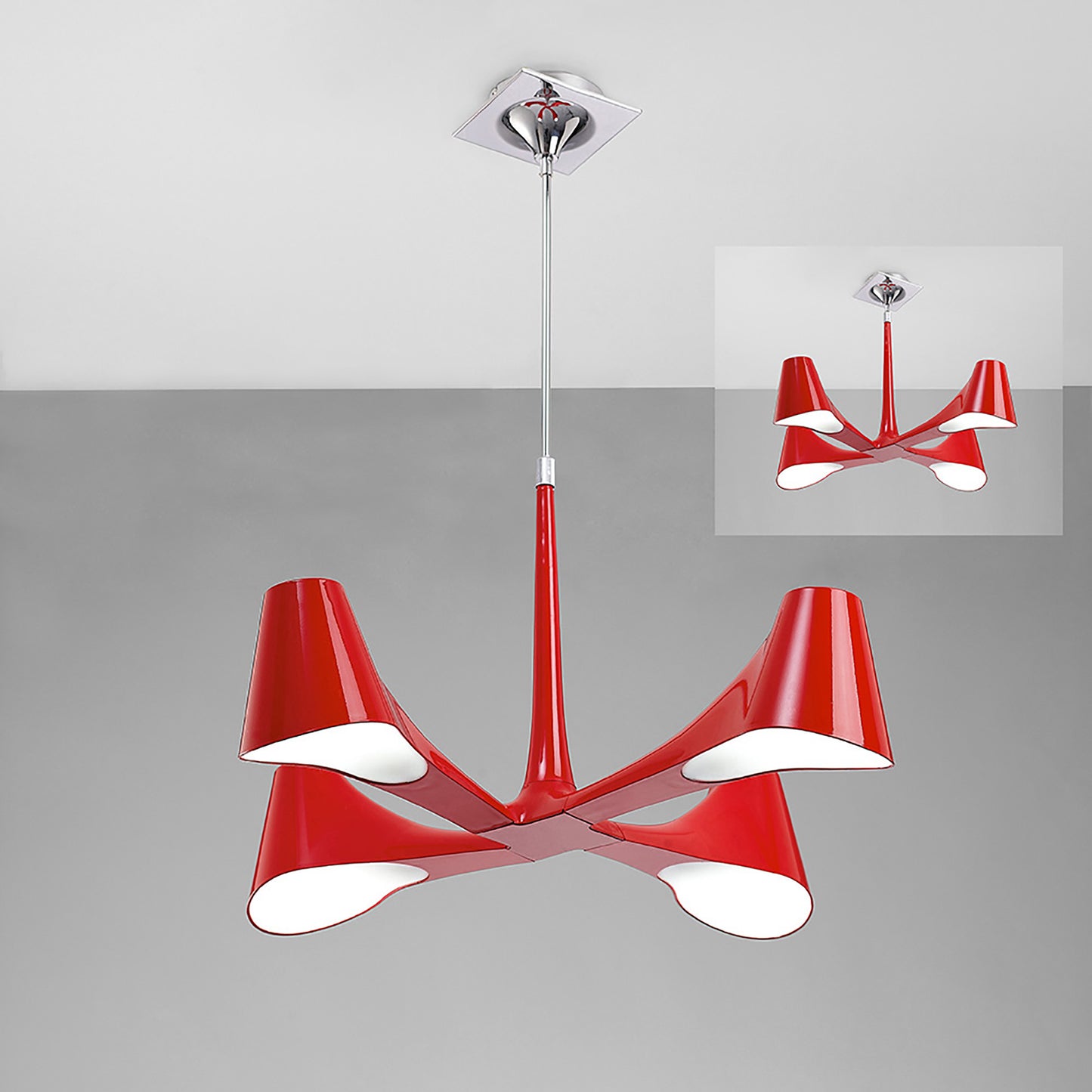 Ora Telescopic Convertible To Semi Flush 4 Light E27, Gloss Red/White Acrylic/Polished Chrome, CFL Lamps INCLUDED by Mantra